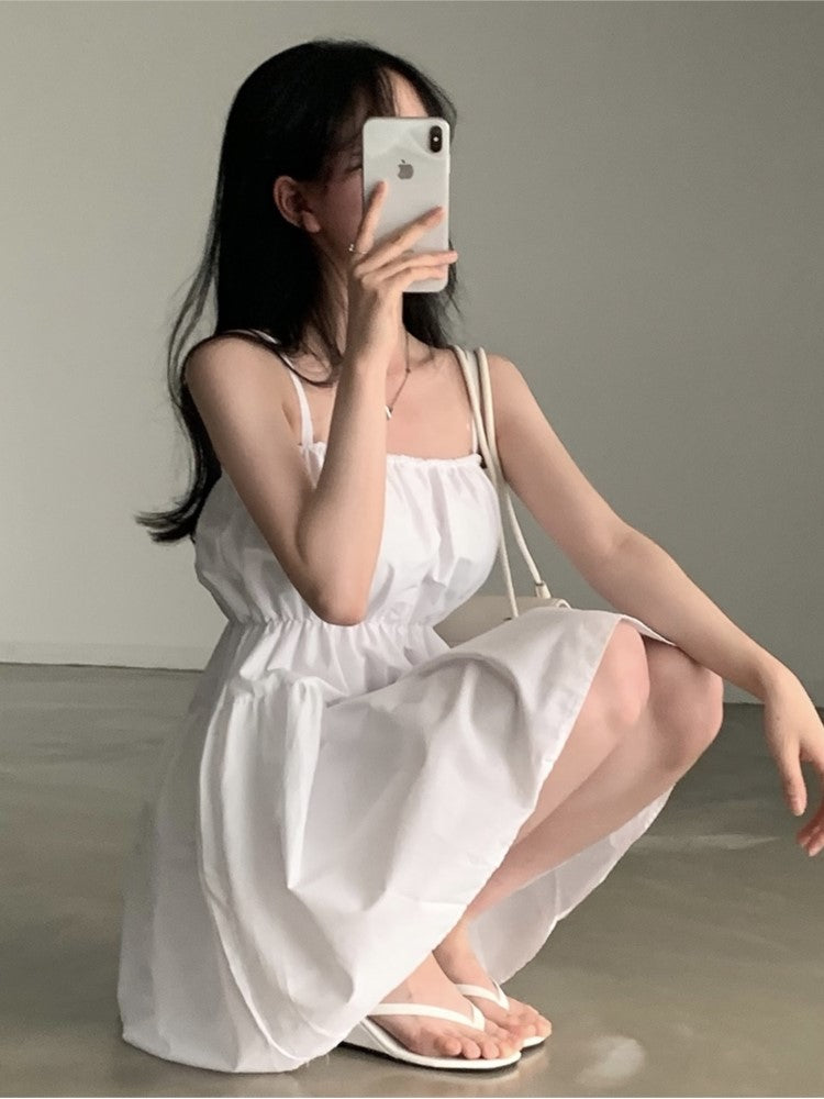 Simple Midi Dress Summer New Chiffon Spaghetti Strap Holiday Beach Style Loose Korean Female Vestidos