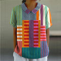 Comstylish Women's Geometric Line Pattern Art Print Casual Cotton And Linen Sleeve Shirt