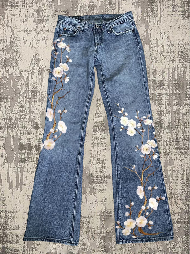 Japanese Floral Embroidery Art Women's Jeans elevenforest