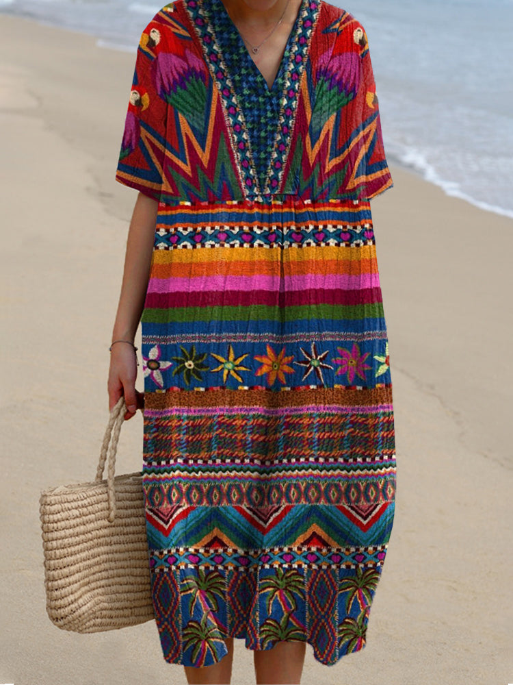 Women's Bohemian Inspired Print Linen Blend Vintage Dress elevenforest
