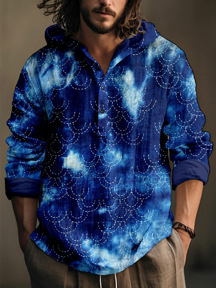 Japanese Sashiko Art Linen Blend Hooded Shirt elevenforest