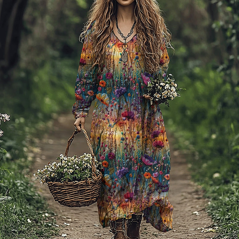 Women's Vintage Gradient Flowers Embroidered Linen Blend Maxi Dress elevenforest