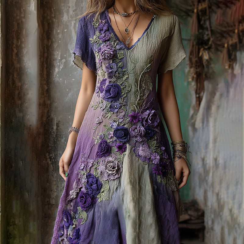 Classy Gradient Purple Lavender And Floral Embroidered Linen Maxi Dress elevenforest