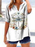Women's Floral Dragonfly Pattern Art Print Casual Cotton Linen Short S