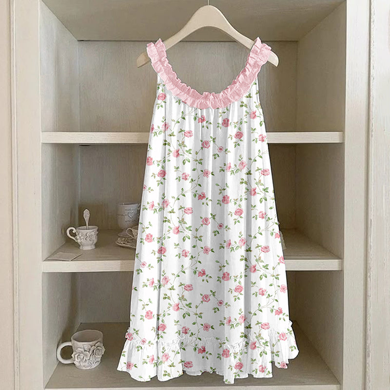 Pink Floral Pattern Ruffle Linen Dress elevenforest