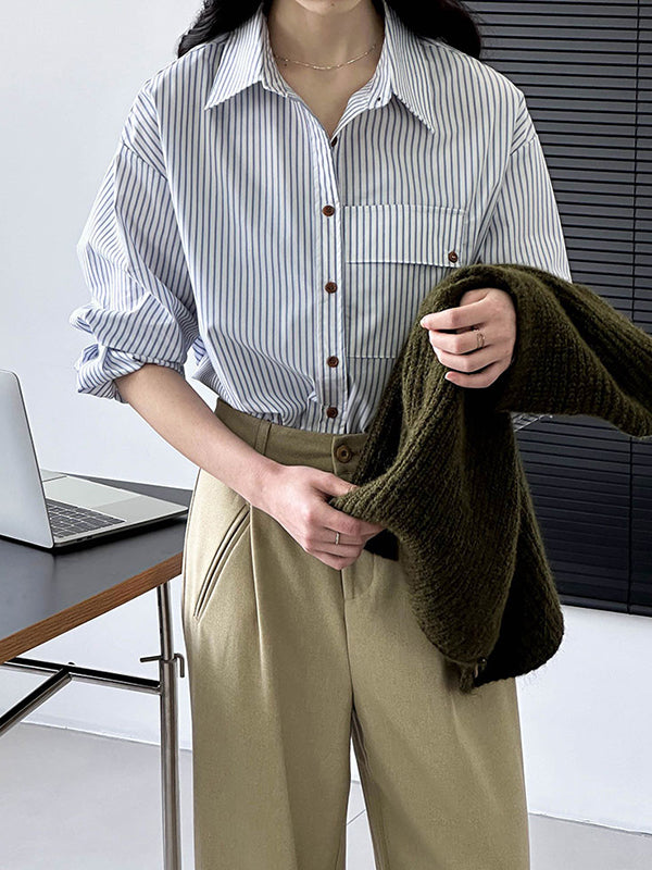 Long Sleeves Loose Buttoned Pockets Striped Lapel Blouses&shirts Tops
