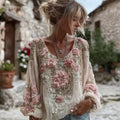 Women's Vintage Pink Flower Embroidery Art Round Neck Linen Blend T-shirt elevenforest