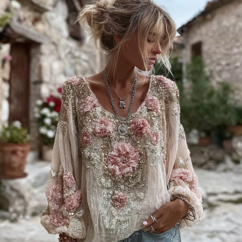 Women's Vintage Pink Flower Embroidery Art Round Neck Linen Blend T-shirt elevenforest