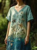 Bee & Flower Embroidery Blue & Green Tie-dye Women's Linen Dress elevenforest