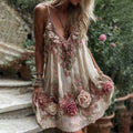 Women's Vintage Pink Rose Embroidery Art V-neck Suspender Mini Dress elevenforest