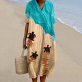 Women's Turtles & Ocean Art Linen V-neck Dress elevenforest