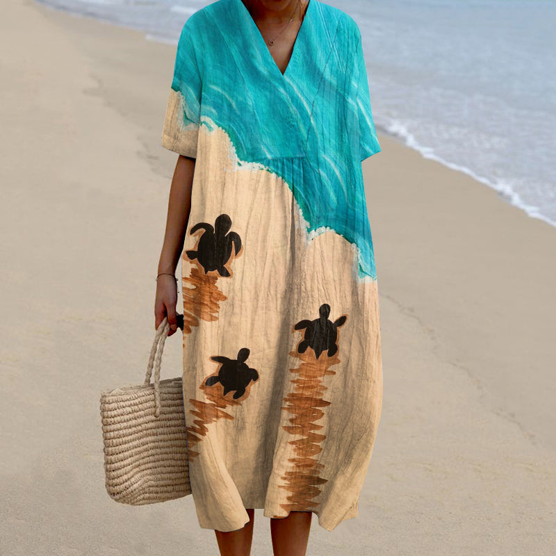 Women's Turtles & Ocean Art Linen V-neck Dress elevenforest