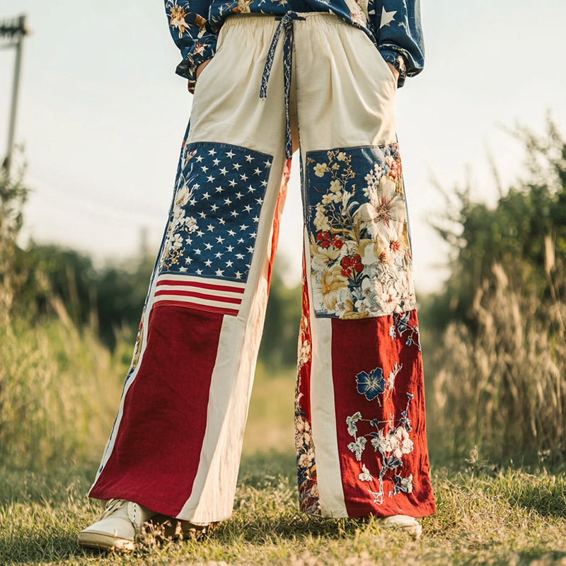 Women's Vintage Independence Day Floral Embroidery Patchwork Design  Linen Wide Leg Pants elevenforest