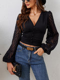 Women's Fashion Lantern Sleeve Splicing Pleated Waist V-Neck Long Sleeve Top 