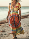 Women's Vintage Rainbow Hippie Peace Art Print Short Sleeve Pocket Cot