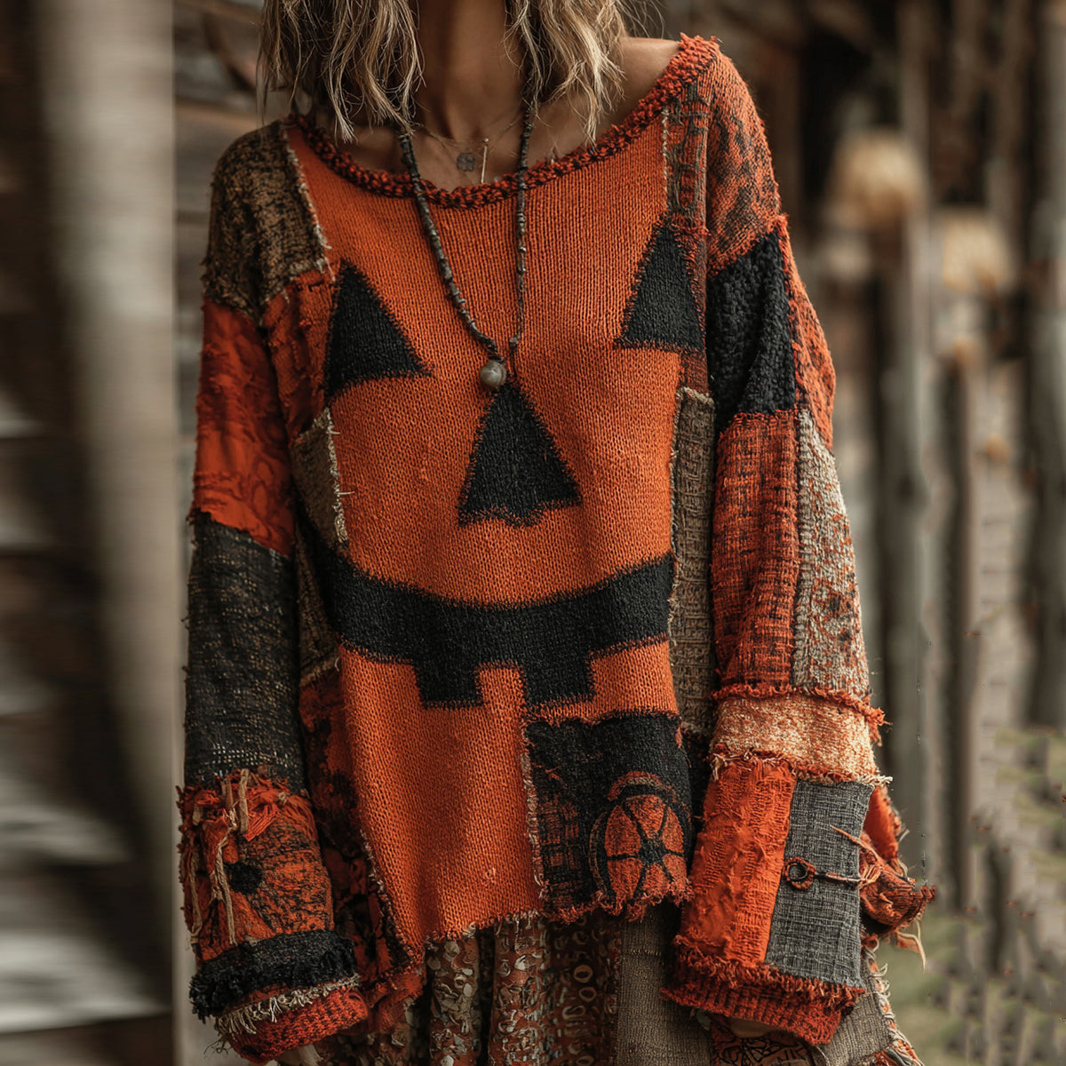 Halloween Pumpkin Face Art Cozy Knit Sweater