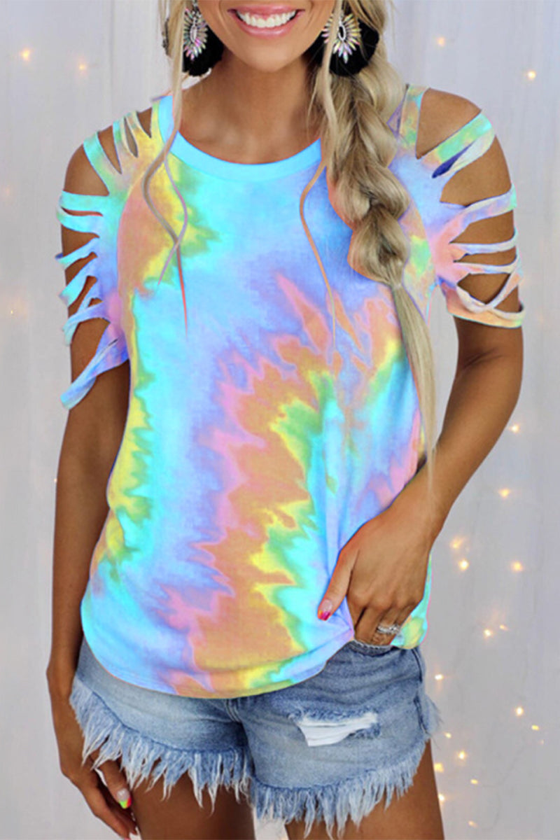 Tie Dye Hollowed Out Patchwork O Neck T-shirts