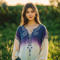 Retro Boho Floral Gradient Ethnic Batik Art Linen Blend Loose Blouse elevenforest