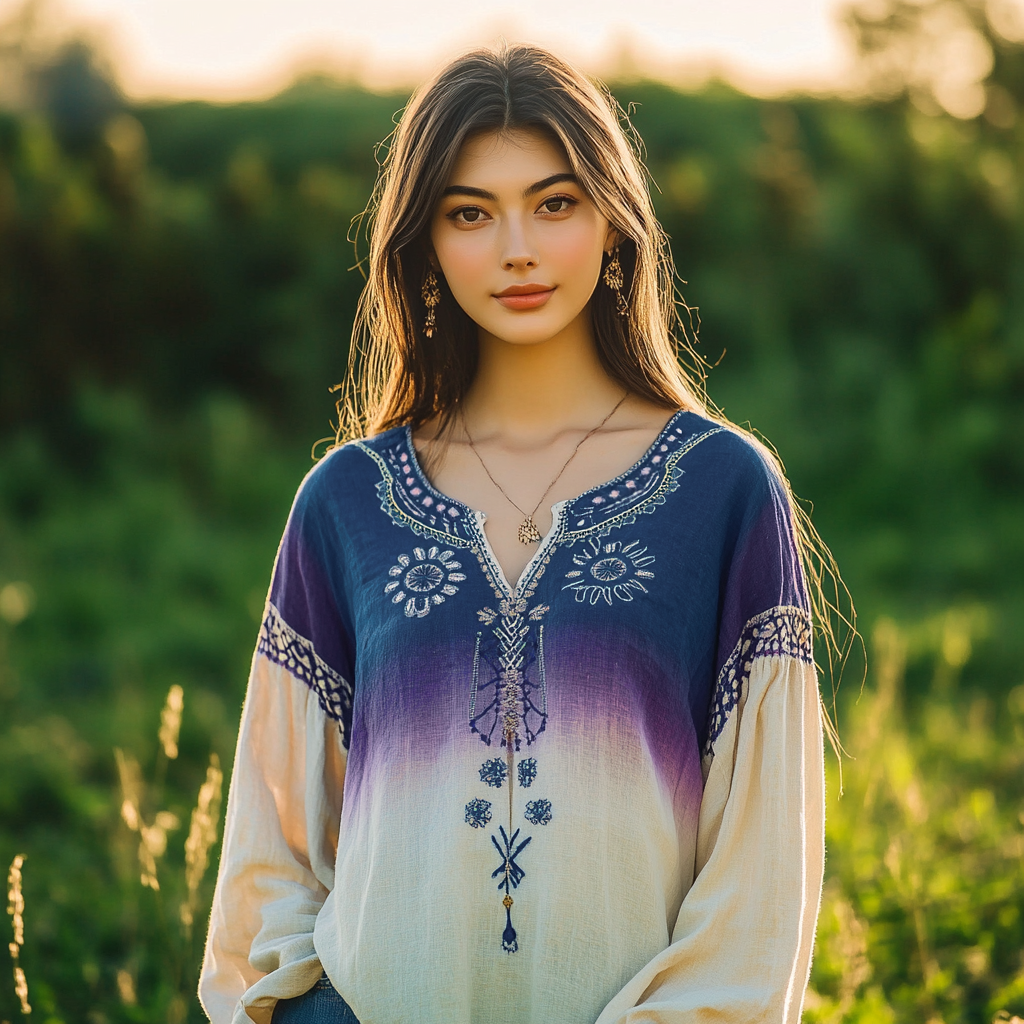 Retro Boho Floral Gradient Ethnic Batik Art Linen Blend Loose Blouse elevenforest