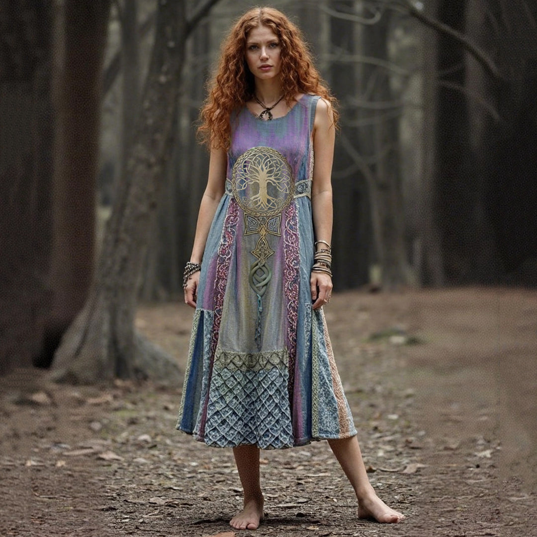 Vintage Tribal Life Of Tree Patchwork Art Linen Tank Dress elevenforest