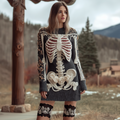 Comstylish Halloween Human Anatomy Pattern And Flower Pattern Combined Design Women's Round Neck Knit Sweater Dress
