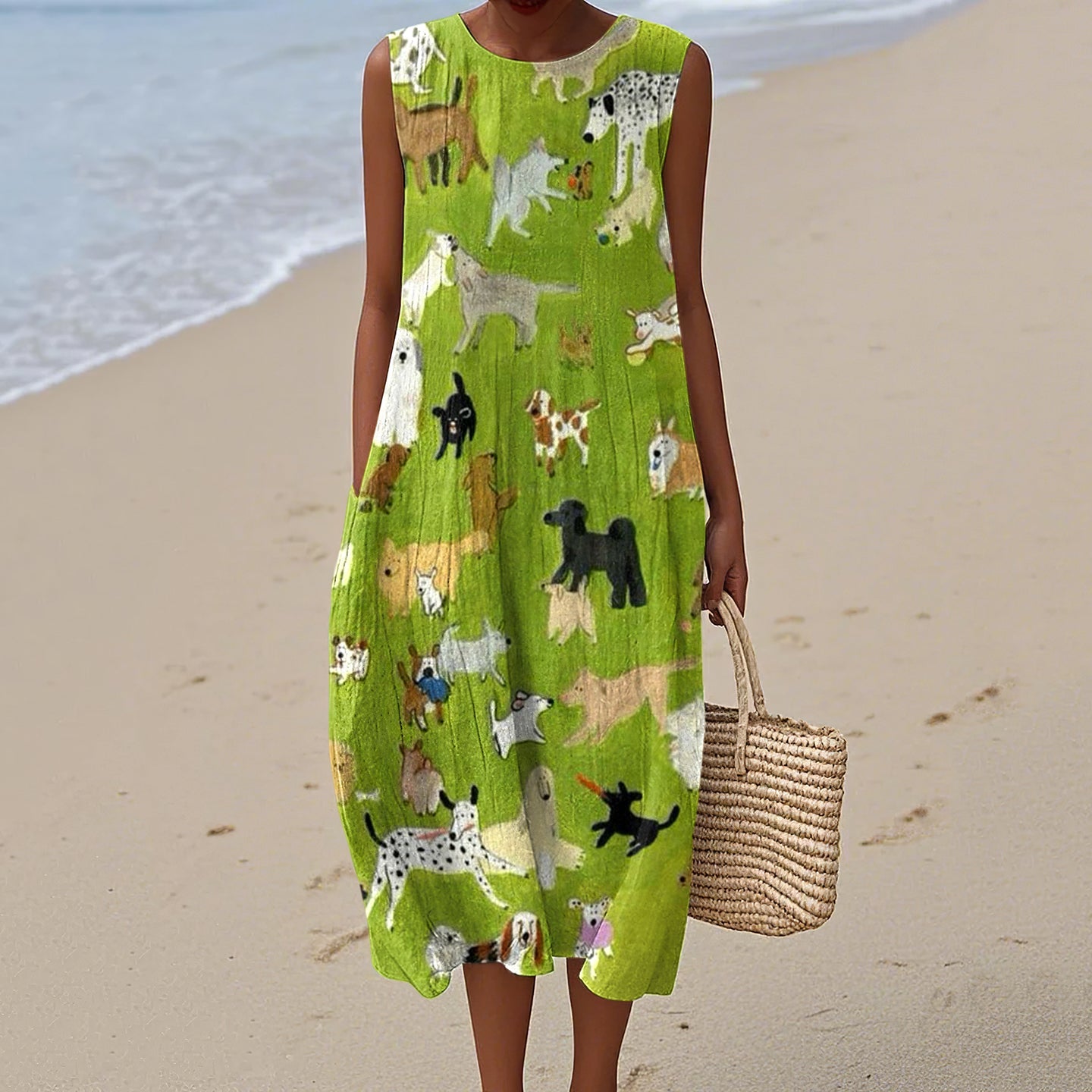 Women's Dog Art Print Crew Neck Tank Midi Dress elevenforest