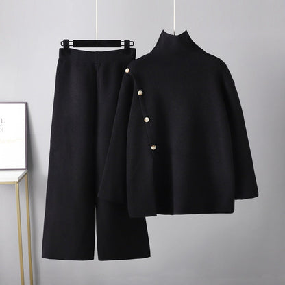 Stand Collar Slit Knitted Turtleneck Sweater Winter Warm Anti-aging Wide Leg Pants Set