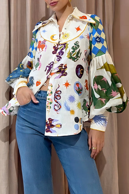Print Turndown Collar Tops