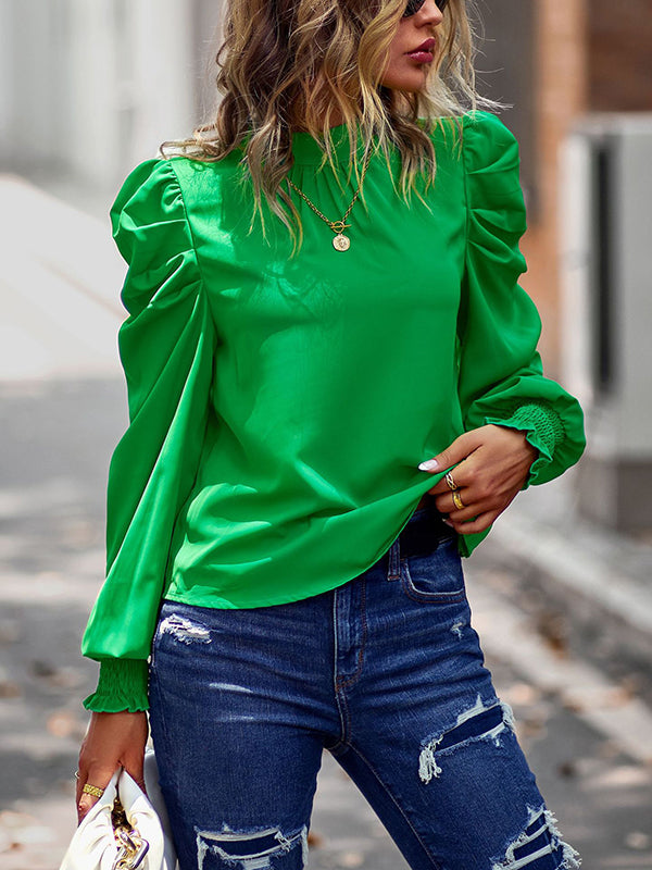 Long Sleeves Puff Sleeves Pleated Color Half Turtleneck Blouses&shirts Tops