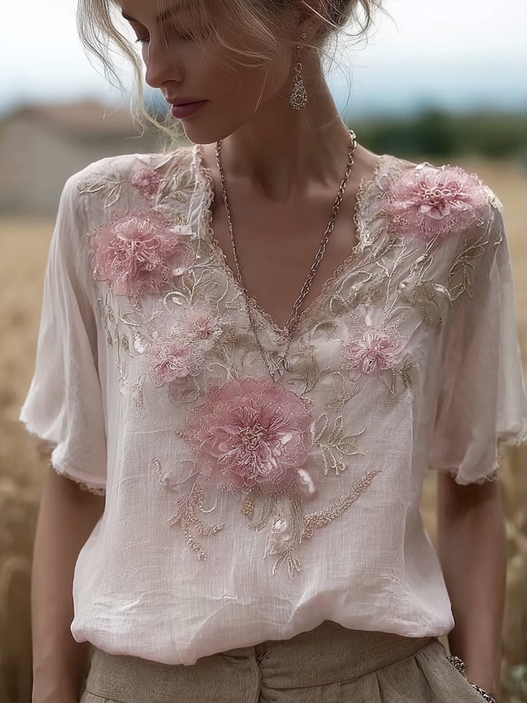 Bohemian Retro Pink Floral Pattern Women's Short-sleeve Top elevenforest