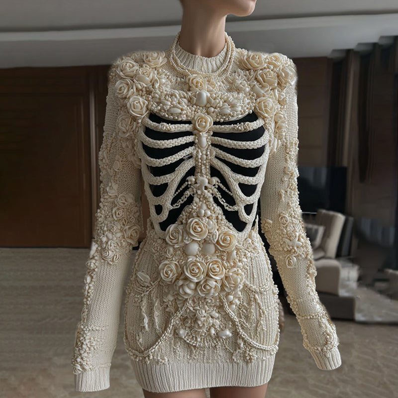 Comstylish Women's Vintage Skeleton & Pearl Art Cozy Sweater Dress