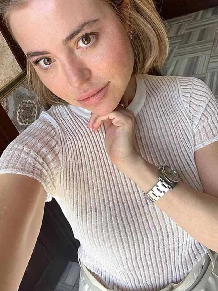 100% Wool White Striped See Through Tops Outfits Short Sleeve T-shirts Tees Skinny Club Party Clothes