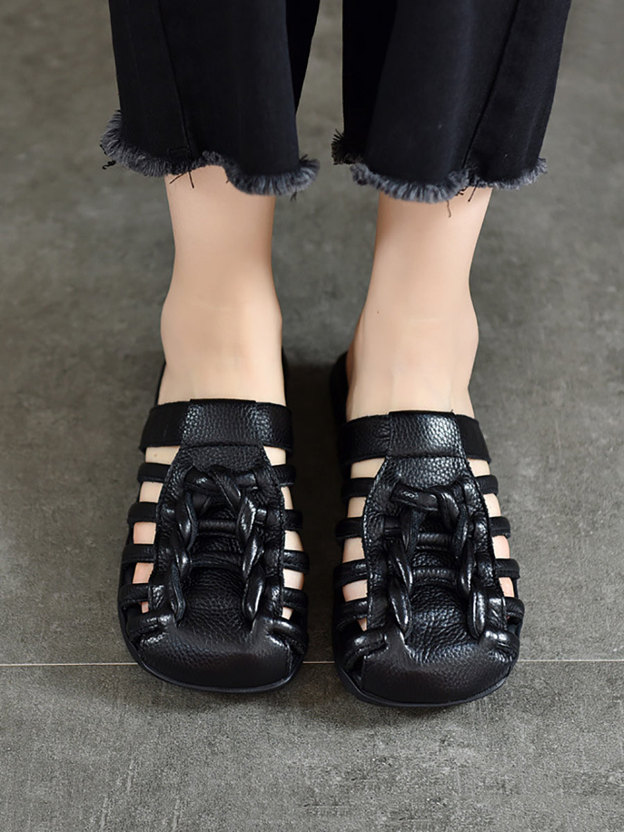 Summer Leather Spliced Flat Slippers Ui1025