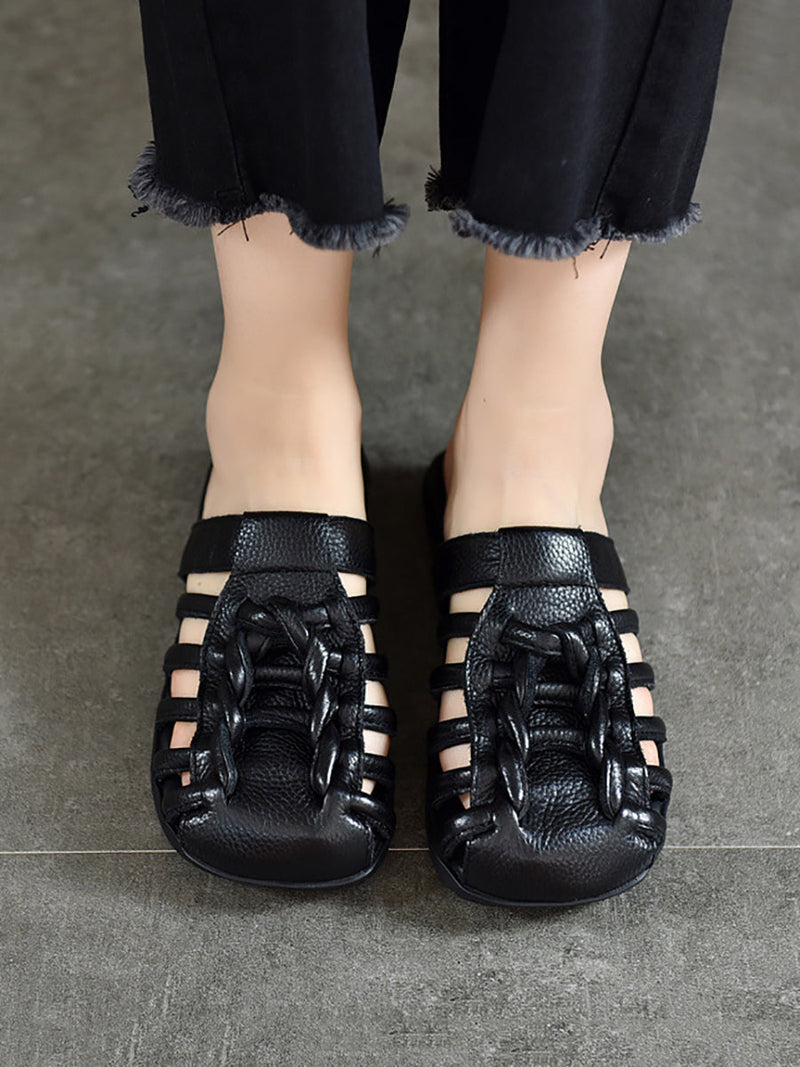 Summer Leather Spliced Flat Slippers Ui1025