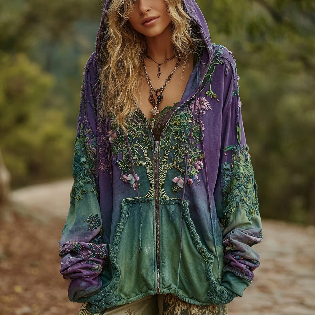 Women's Vintage Viking Celtic Knot Tree Of Life Comfort Warm Zip Hoodie elevenforest