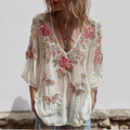 Bohemian Style V-neck Butterfly And Flower Embroidery Cotton And Linen Short Sleeve elevenforest