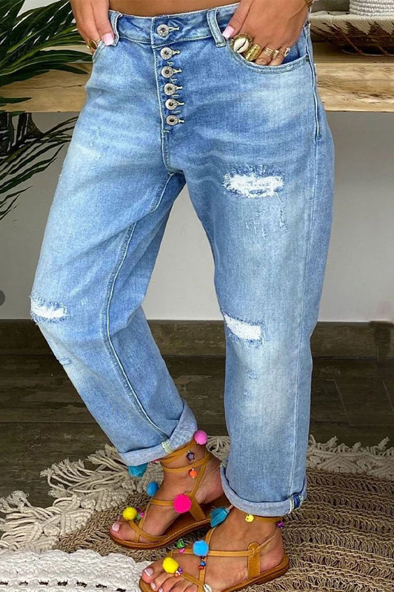 Street Patchwork Ripped High Waist Denim Jeans