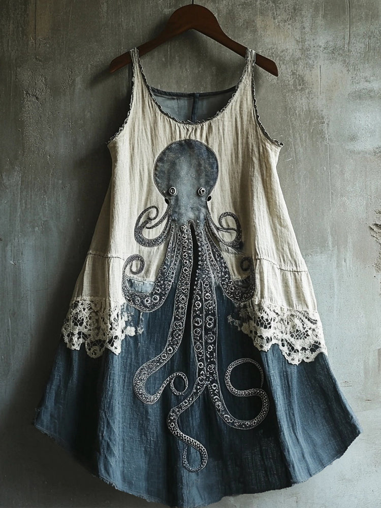 Octopus Pattern Lace Patchwork Linen Blend Dress elevenforest