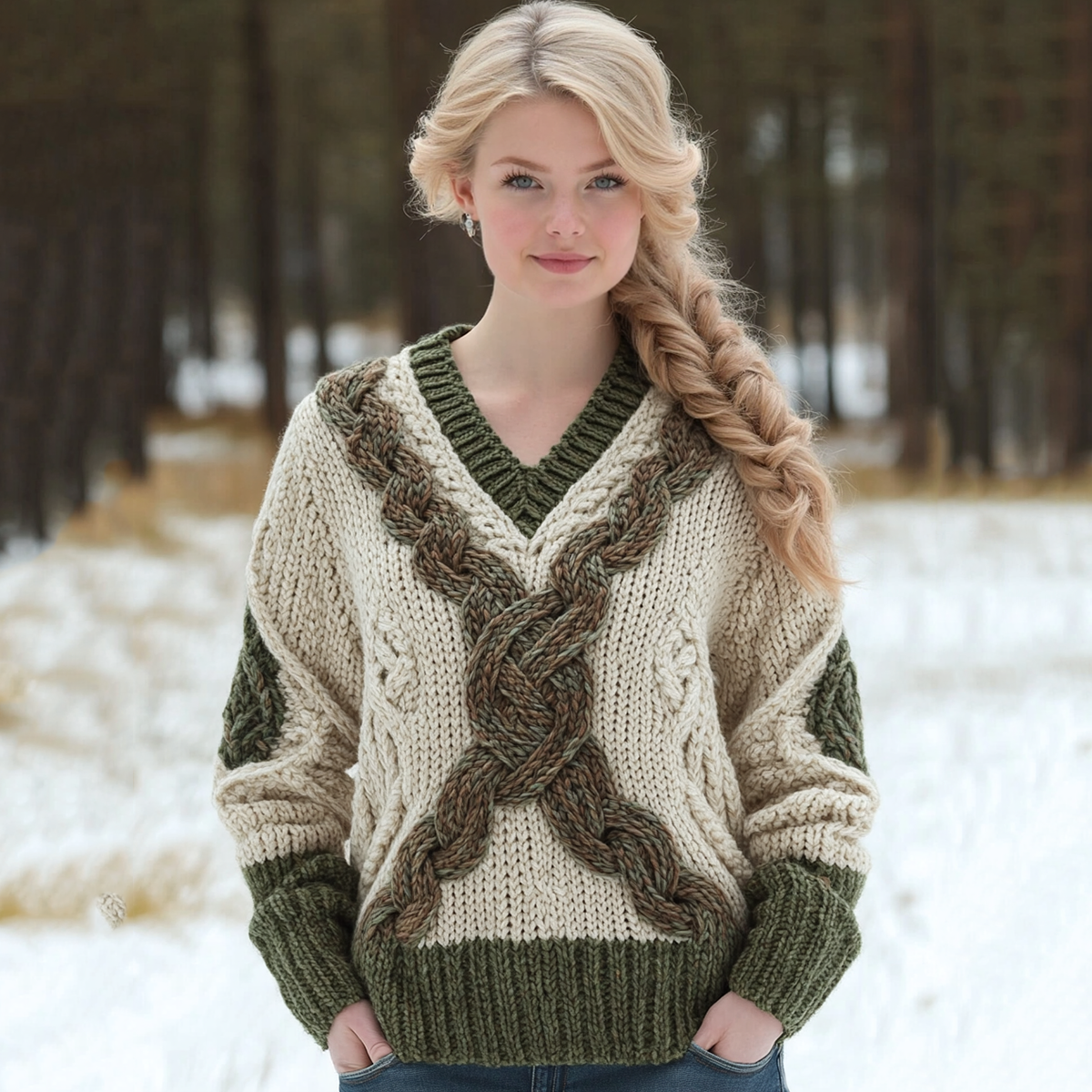 Contrast Jacquard V-neck Knit Sweater elevenforest