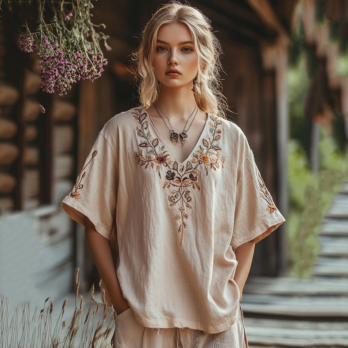 Women's Bohemian Vintage Flowers Art Casual Linen Top elevenforest