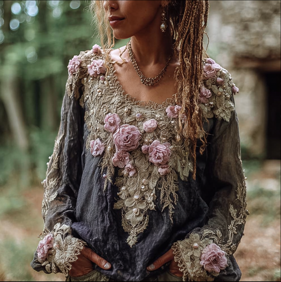 Bohemian Style Round Neck Long Sleeve 3d Purple Flower Design Cotton And Linen Top For Women elevenforest