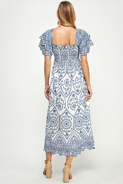 Paisley Print Lace Smocking Midi Dress