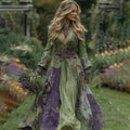 Vintage Purple Floral Patchwork Linen Long Sleeve Maxi Dress elevenforest