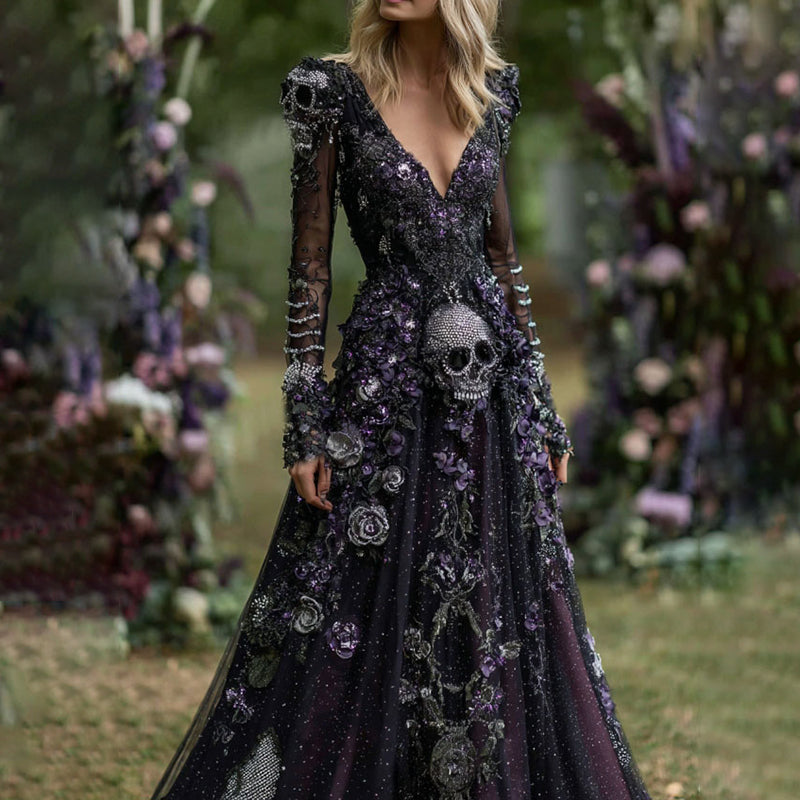 Vintage Skull Skeleton And Purple Roses Flowy Maxi Dress elevenforest