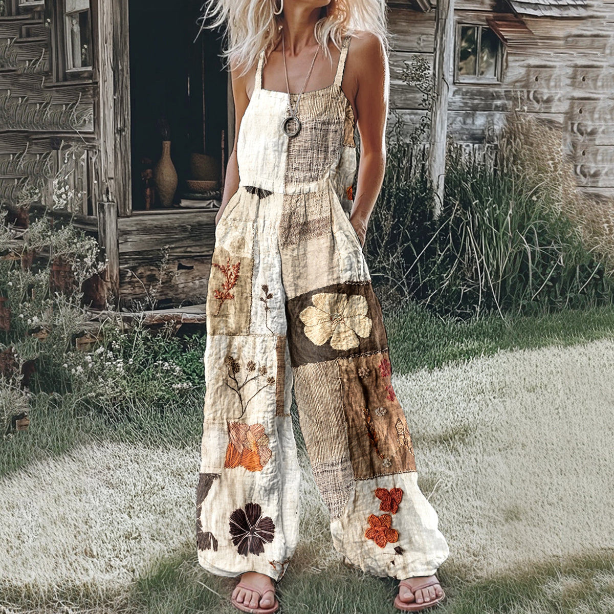 Women's Floral Patchwork Linen Print Linen Jumpsuit elevenforest