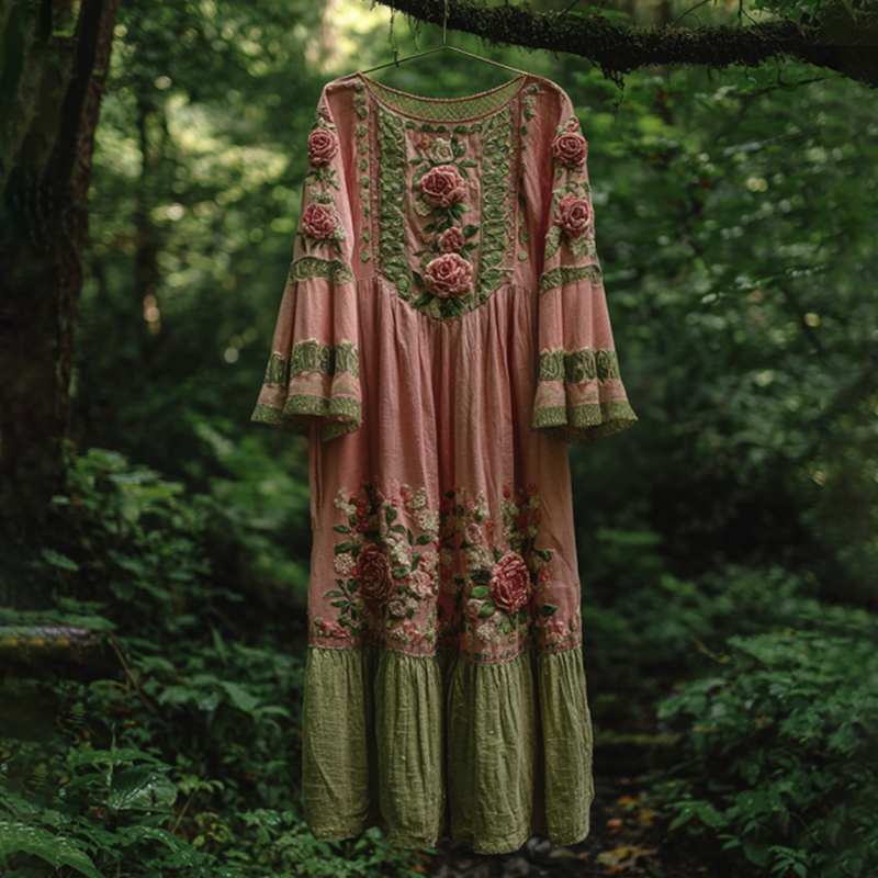 Classy Gradient Pink Roses Cancer Awareness Embroidered Round Neck Linen Maxi Dress elevenforest