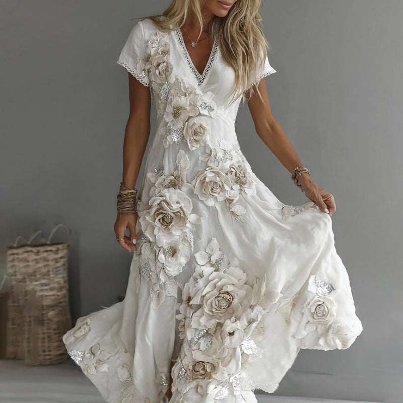 Women's Vintage White Rose Embroidered V-neck Short Sleeve Maxi Dress elevenforest