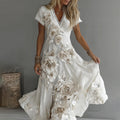 Women's Vintage White Rose Embroidered V-neck Short Sleeve Maxi Dress elevenforest
