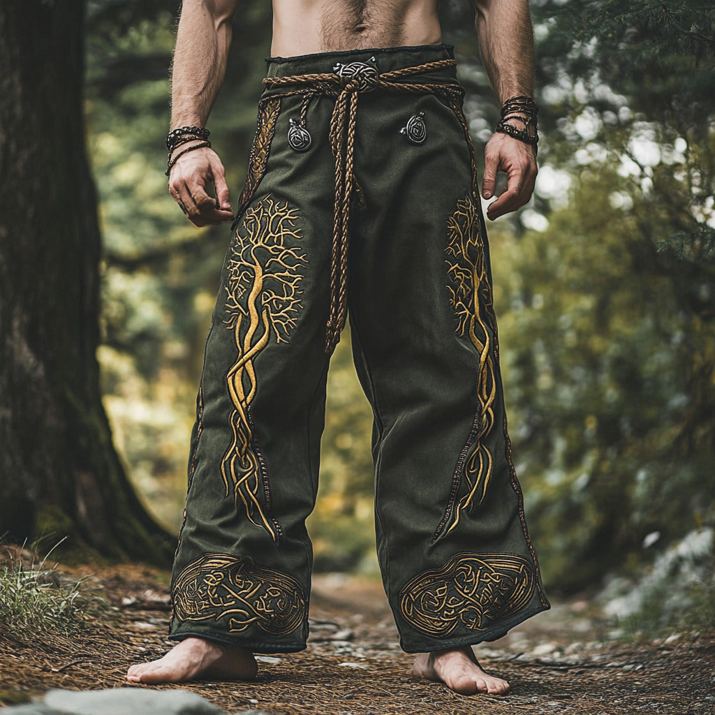 Vintage Viking Life Of Tree Embroidery Art Linen Loose Wide-leg Pants elevenforest