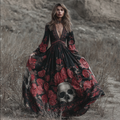 Halloween Theme Rose And Skull Pattern Women's V-neck Long Dress elevenforest